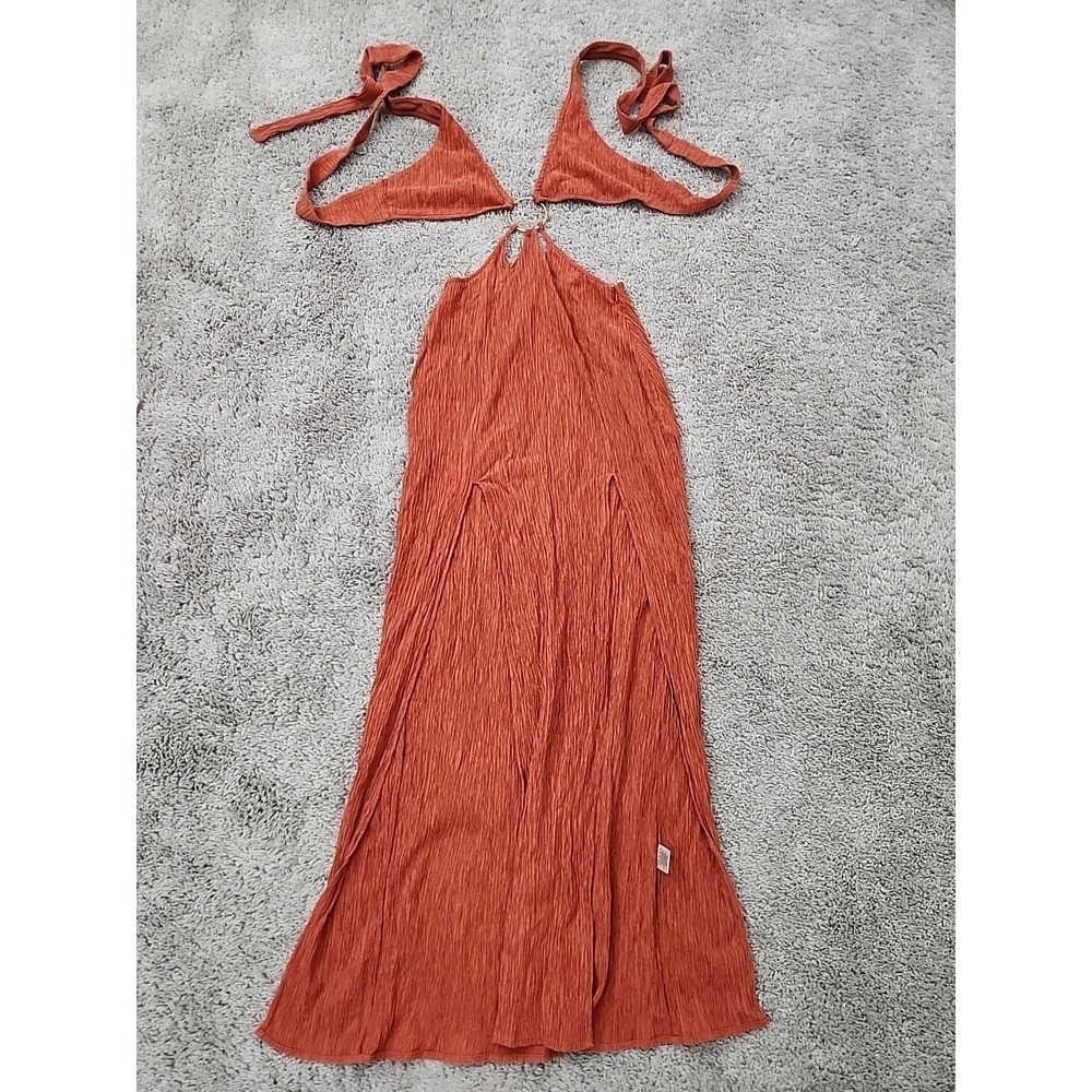 Meshki Maxi Dress Womens XS Rust Halter Tie Strap Cutout Ring High Slit Crinkled